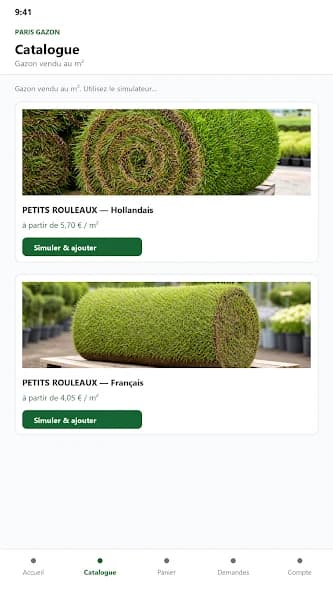Paris Gazon mobile product catalogue