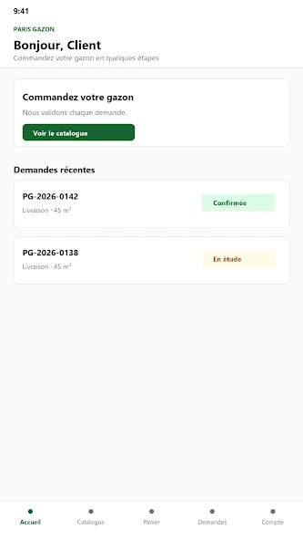 Paris Gazon mobile application customer home screen
